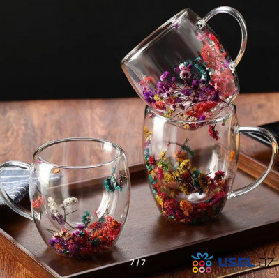 Стеклянная чашка с двойными стенками и сухими цветами