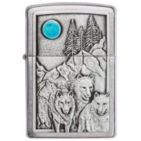 Zippo Wolf Pack and Moon Emblem Brushed Chrome alışqanı