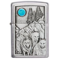 Zippo Wolf Pack and Moon Emblem Brushed Chrome Windproof Lighter