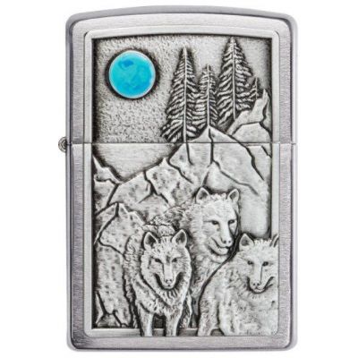 Zippo Wolf Pack and Moon Emblem Brushed Chrome alışqanı