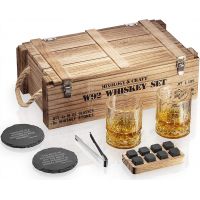 Gift Set: Whiskey Glasses and Stones with Mixology Craft W92 Wooden Army Crate
