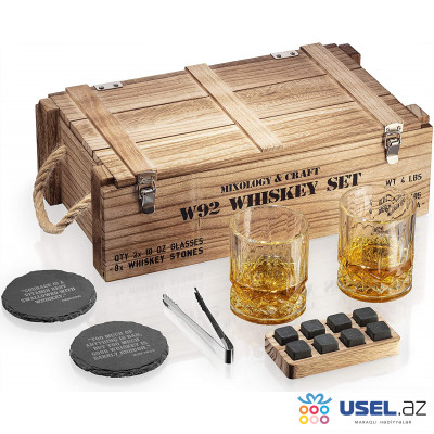 Hədiyyə dəsti: Mixology Craft W92 Taxta sandığı ilə viski stəkanlar və daşlar