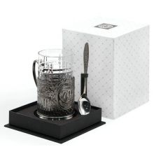 Подарочный набор стакан с подстаканником "70 лет Юбилей"с ложкой в футляре, никель с чернением 