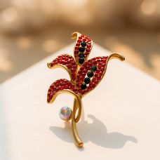 Leaves brooch, red in matte gold, 6.8 cm