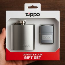 Подарочный набор Zippo: фляга и зажигалка Zippo Brushed Chrome