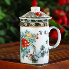 Ceramic mug with lid and sieve "Birds in peonies", 300 ml