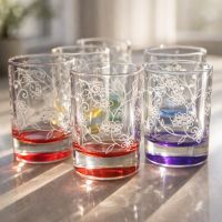 Набор стеклянных стопок с цветным дном и цветочной гравировкой Primavera, 6 шт, 50 мл