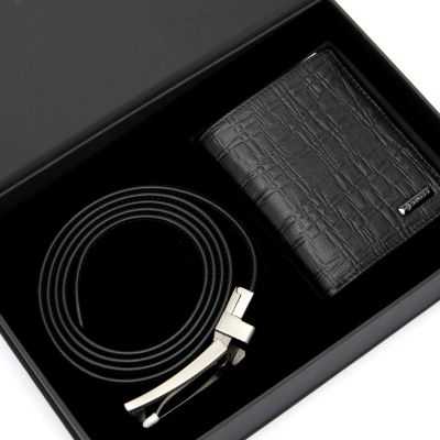 Solido BOX1-08BK kişi dəsti: dəri kəmər və pul qabı hədiyyə qutuda