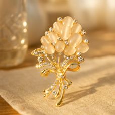 Broş “Buket” — verba budağı, ağ, qızılı ton, 6,5 sm