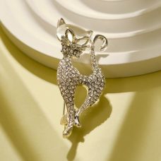Cat Brooch with Bow, white on silver, 5.5 cm