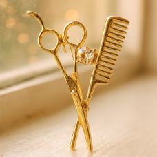 Hairdresser Brooch with Scissors & Comb, clear stone, gold tone, 6 cm