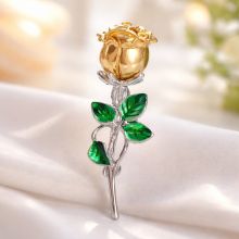 Rose Flower Brooch, Green Color, Silver-Gold Tone Rose Flower Brooch, Green Color, Silver-Gold Tone