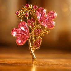 «Çiçək» üçyarpaq broş, çəhrayı-qızılı