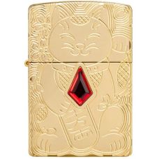 Zippo Lucky Cat Design Armor Deep Carved High Polish Brass Ligher