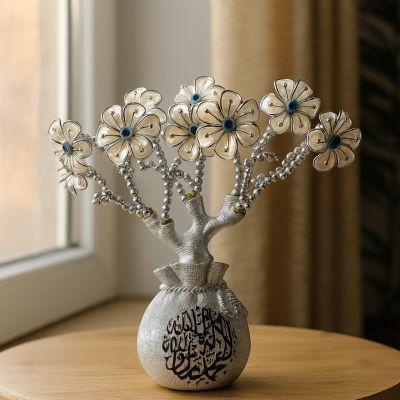 Декоративное дерево счастья «Глаз» (Evil Eye / Назар) с Дуа, серебристое, 21.5×8 см