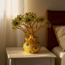 Декоративное дерево счастья «Глаз» (Evil Eye / Назар) с бежево-зелёными цветами, золотистое, 21.5×8 см