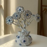 Silver Evil Eye Tree with Grey Flowers, 25×11 cm