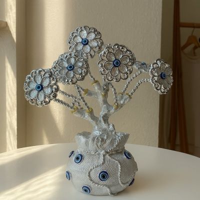 Silver Evil Eye Tree with Grey Flowers, 25×11 cm