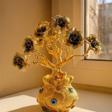 Декоративное дерево счастья «Глаз» (Evil Eye / Назар) с мраморными цветами, золотистое, 25×11 см