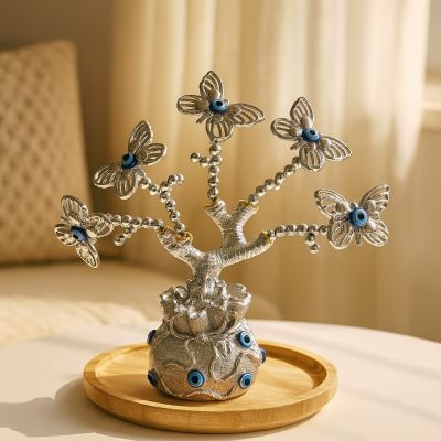 Декоративное дерево счастья «Глаз» (Evil Eye / Назар) с бабочками, серебристое, 15×6 см