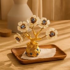 “Göz” (Nazar) dekorativ ağacı — bej çiçəklərlə, 15×6 sm