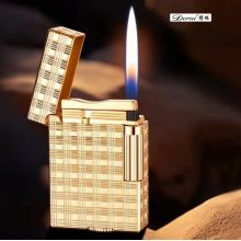 Золотая газовая зажигалка DERUI из металла с боковым колесом, регулировкой пламени и подарочной коробкой
