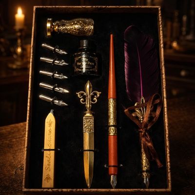 Vintage Calligraphy Pen Set with Feather Pen and Ink