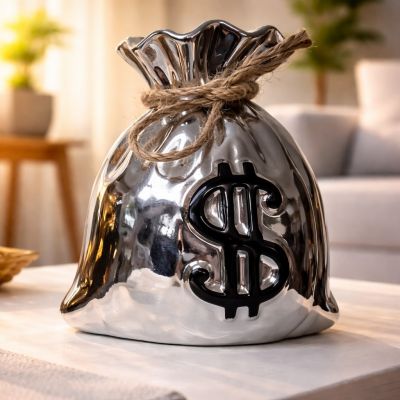 Silver Money Bag Ceramic Coin Bank