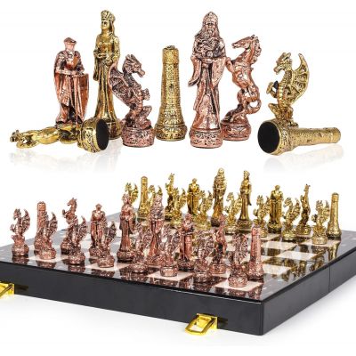 Шахматы «Рыцари и драконы»  металлические фигуры, складная доска-кейс