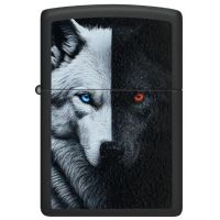 Two Wolves dizaynlı, qara mat örtüklü Zippo benzinli alışqan