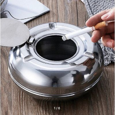 Настольная пепельница из нержавеющей стали с крышкой 12 см, серебристая