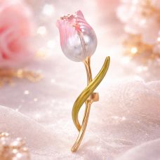 Brooch “Flower” tulip, white-pink in gold