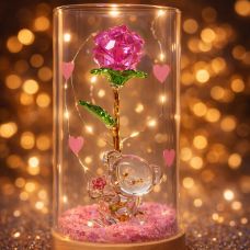 Кристальная роза с мишкой LED - Розовая