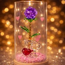Кристальная роза с мишкой LED - Фиолетовая