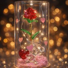 Кристальная роза с мишкой LED - Красная