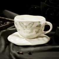 Butterfly Ceramic Mug with Saucer, Sculpted Shape, Cream Color, 400 ml