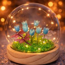 Сувенир с подсветкой Голубые цветы и бабочки под стеклом