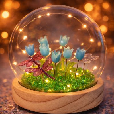 Сувенир с подсветкой Голубые цветы и бабочки под стеклом