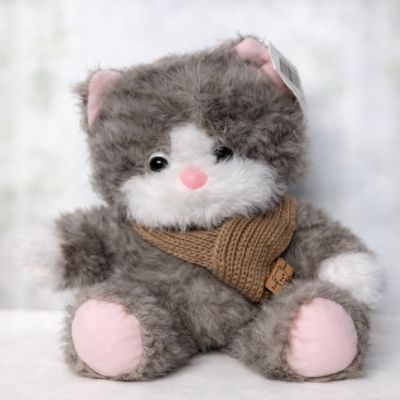 Plush Gray Cat Toy with Scarf 24 cm