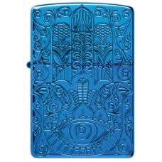 Zippo Hamsa Design Deep Carve Blue alışqanı — qoruyucu simvol dizaynı