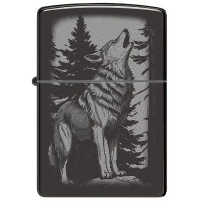 Зажигалка Zippo High Polish Black Howling Wolf Design с Волком